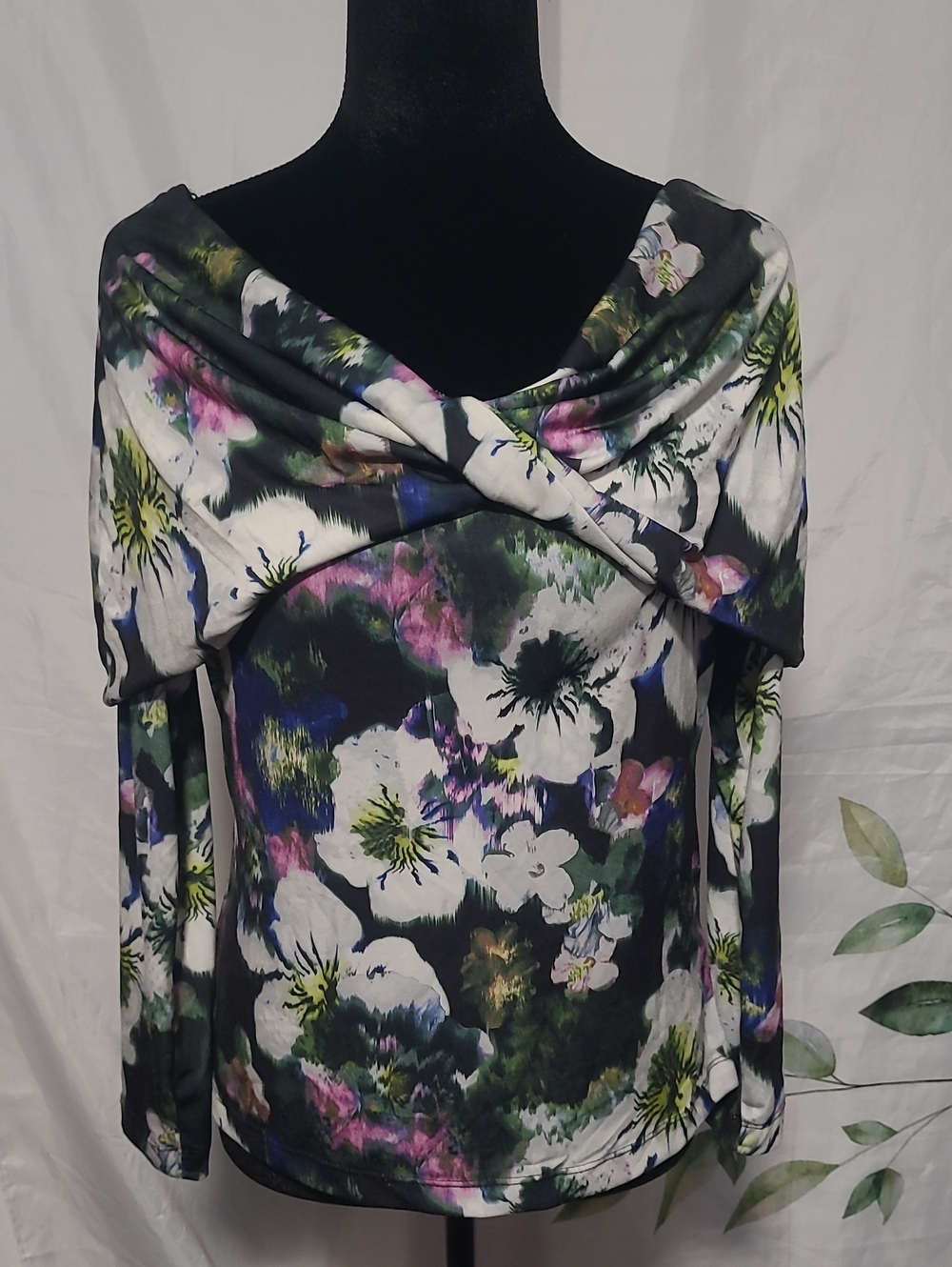 Floral Off-Shoulder Long Sleeve Top - Black Multi